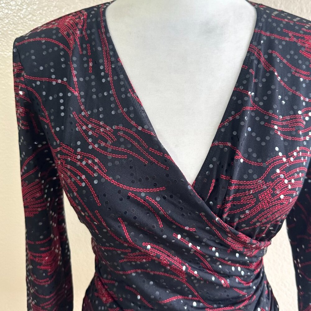 JBS Vintage 90s Black Floral Faux Wrap Sequin Blouse Top - Picture 2 of 5